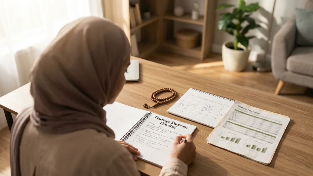 امرأة بحجابٍ تخطّط على مكتبٍ أمامها دفتر تخطيطٍ للزواج وتقويم حائط ووثيقةٌ مالية بها رسومٌ بيانية.