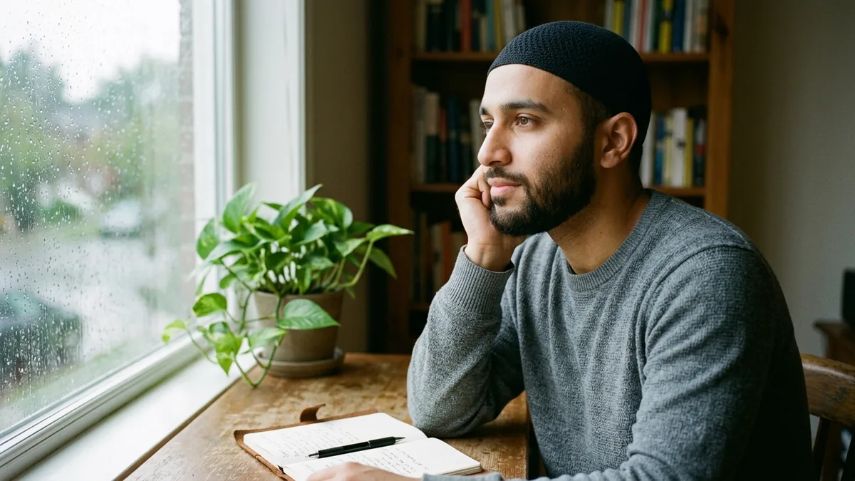 A young Muslim man in a black prayer cap sits by a rain-streaked window, resting his chin on his hand in quiet reflection, an open notebook and pen on the table before him.