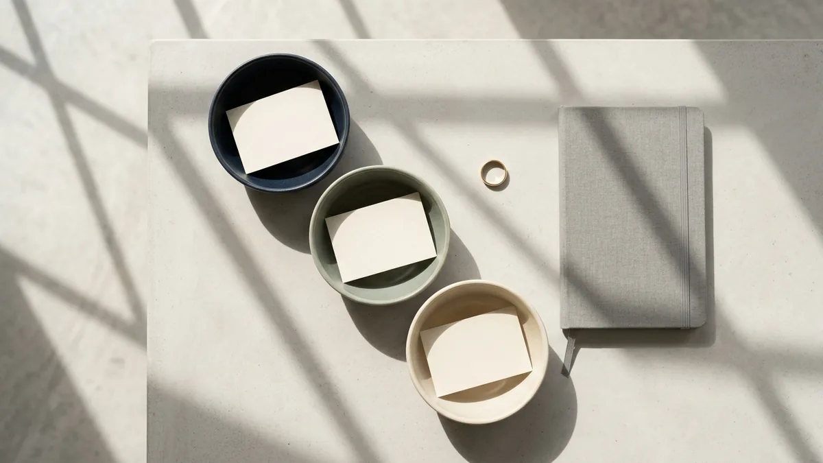 An overhead view of three ceramic bowls in different colours, each holding a blank card, beside a gold ring and a closed grey notebook on a pale sunlit surface.