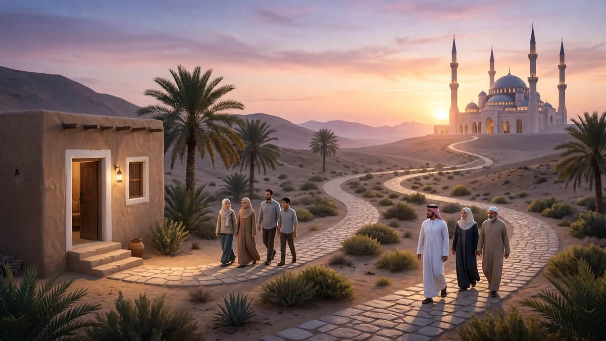 رسمٌ توضيحي لزوجين مسلمين وأسرتيهما يمشون على دربٍ حجريٍّ متعرّج في منظرٍ صحراويٍّ عند الغروب، نحو مسجدٍ في البعيد.