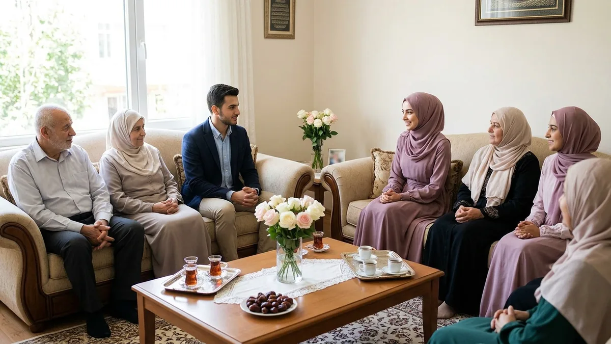 أسرتان تجلسان متقابلتين في غرفة معيشةٍ في لقاءٍ رسميّ، كبارٌ وصغار معًا، وعلى الطاولة أكواب شايٍ وتمرٌ وورود.