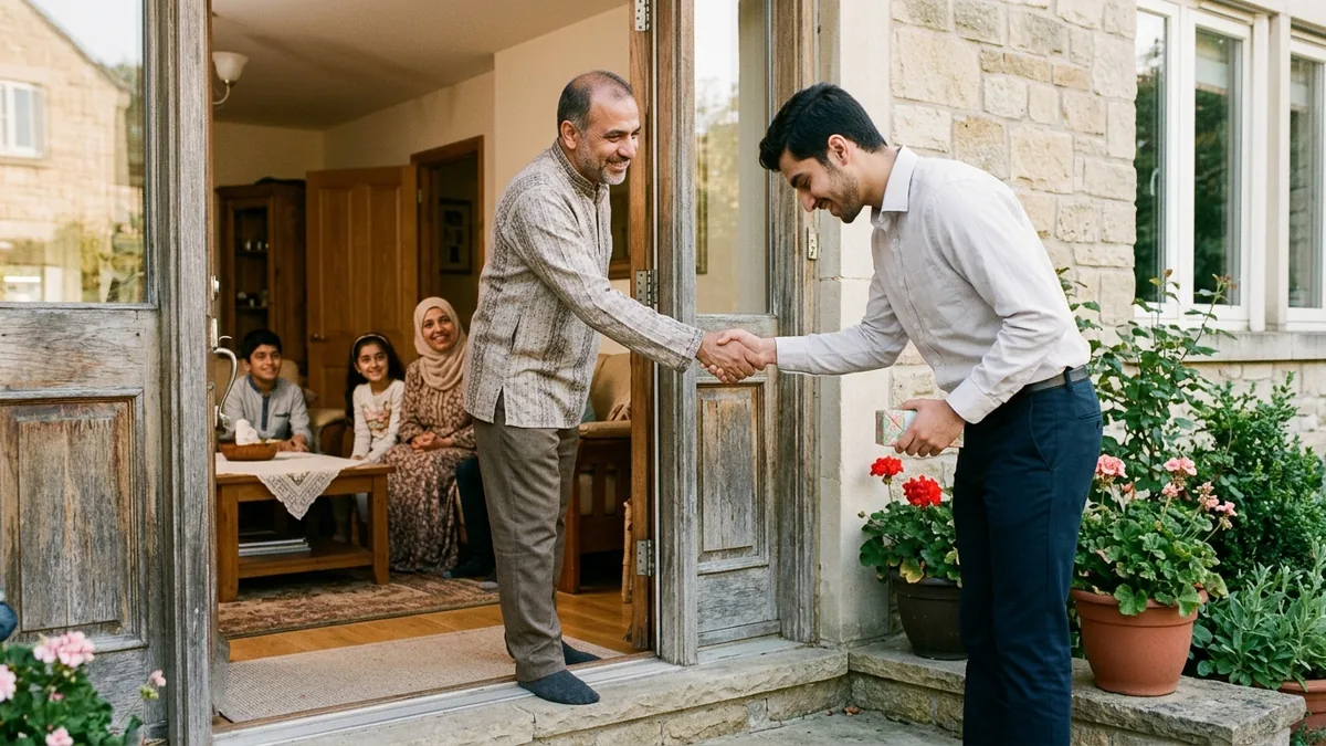 An older man stands in a doorway shaking hands with a younger man outside a stone house while family members sit smiling inside the living room.