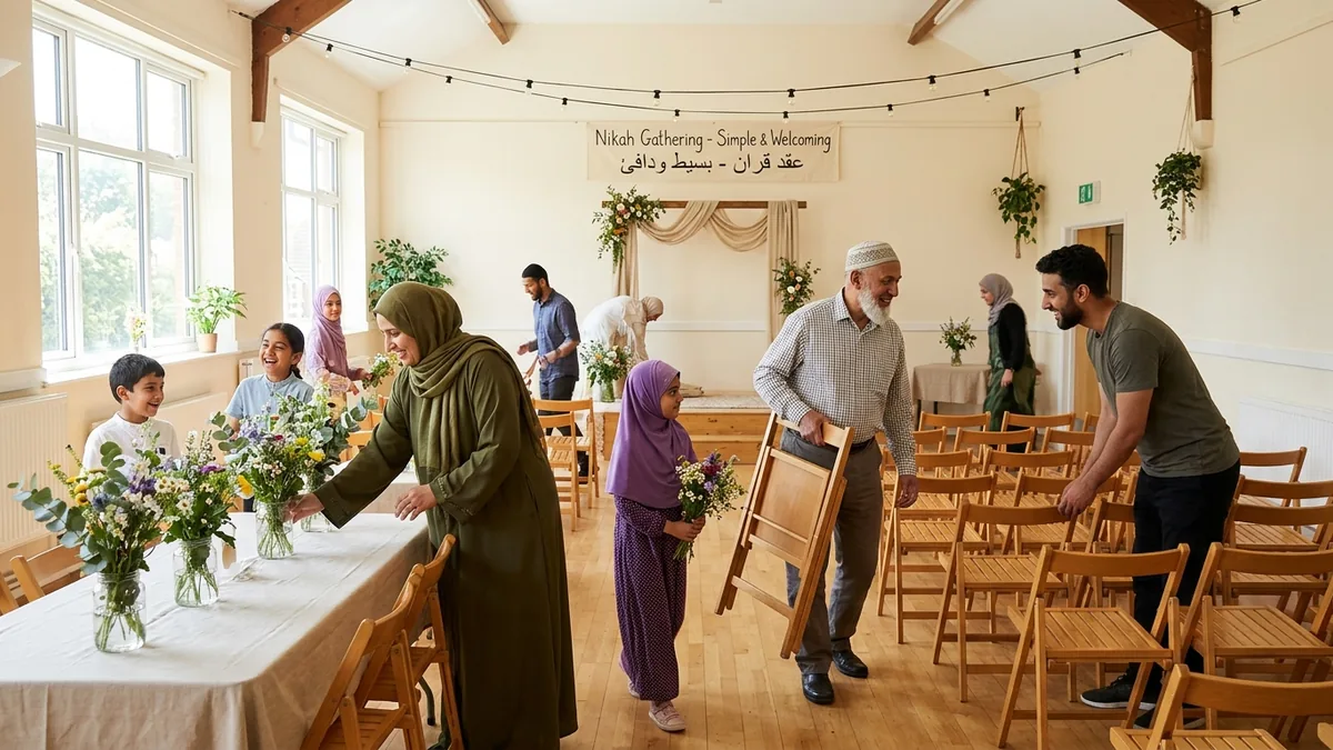 أفراد من العائلة يجهزون قاعة نكاح بسيطة معًا، يرتبون الكراسي والزهور قبل مناسبة زواج متواضعة.