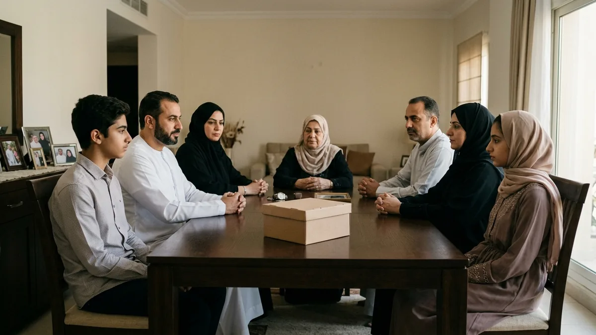 Two Muslim families seated across a table in a serious formal conversation, discussing a difficult marriage decision with elders present.
