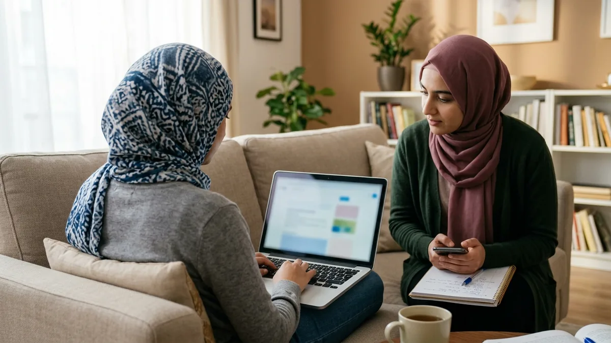 Two Muslim women in a calm living room reviewing notes beside a laptop during a premarital counseling session, with the screen content blurred.