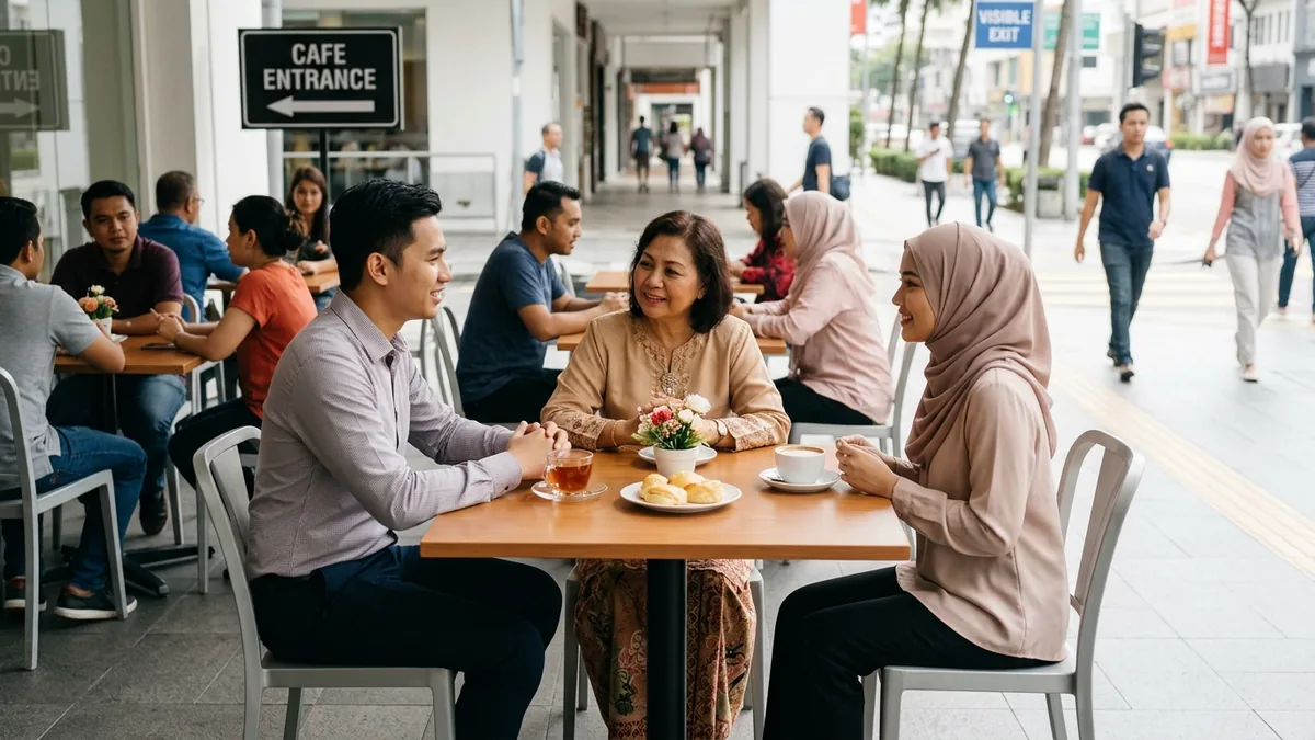 A prospective couple speaking with a trusted older woman at a café table in a busy outdoor walkway, with other people moving around them.