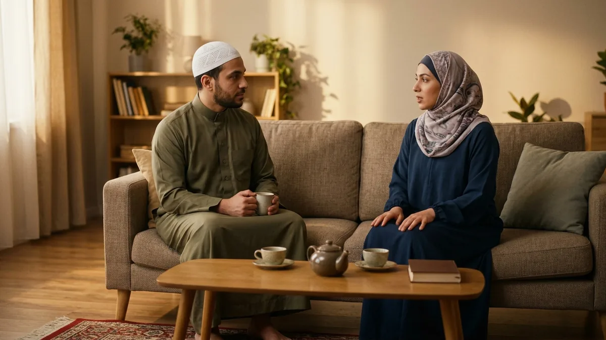 زوجان مسلمان يجلسان على أريكةٍ في غرفة معيشة دافئة يتحاوران باهتمام، وبينهما إبريق شاي وكوبان وكتاب على طاولةٍ منخفضة.