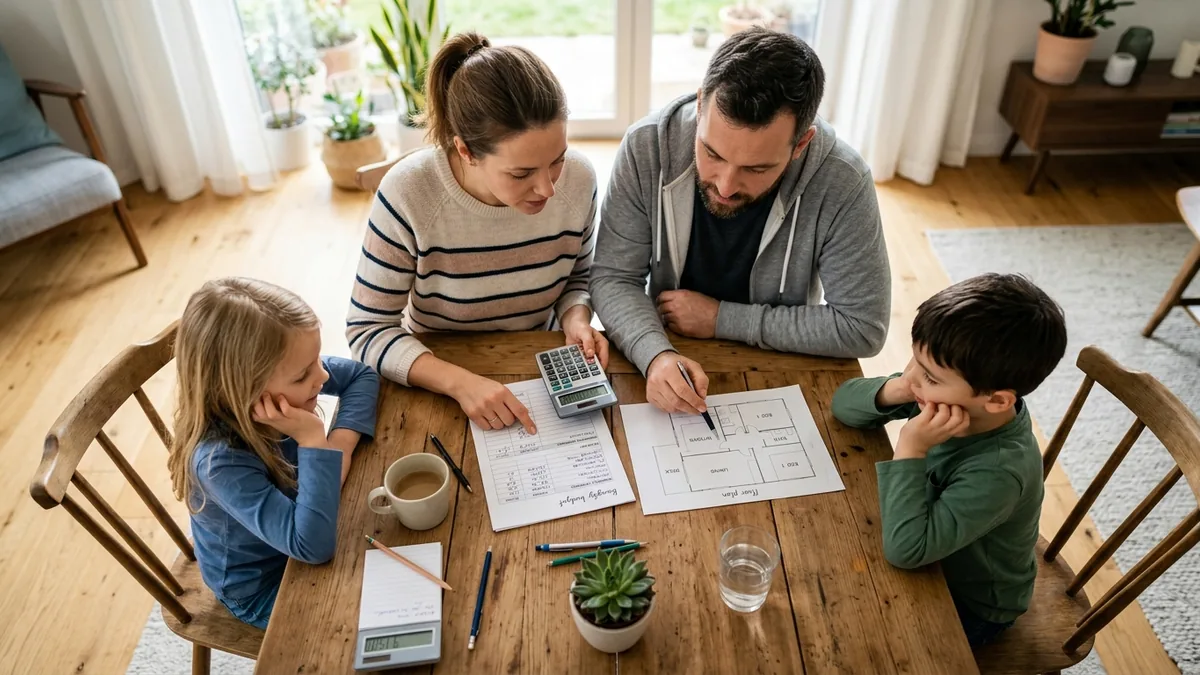 Two parents and their young son and daughter sit around a wooden dining table with a calculator, a handwritten household budget and a printed house floor plan, planning family finances together.