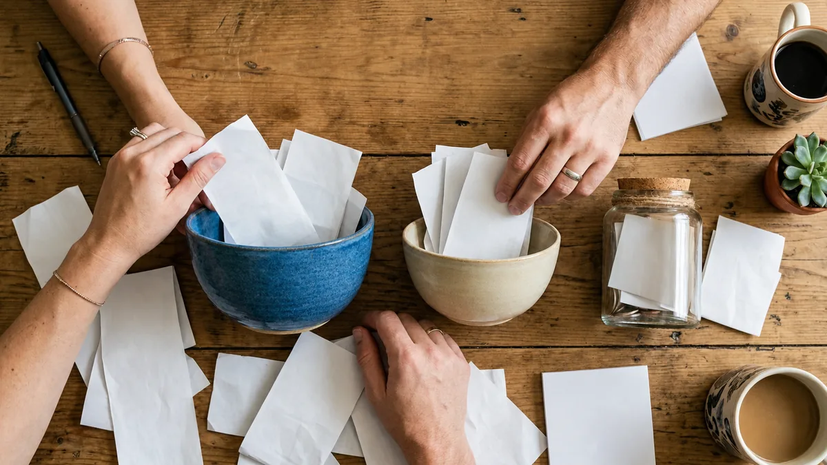 An overhead view of a couple’s hands placing small handwritten notes into two ceramic bowls on a wooden table, a shared ritual, with coffee cups, a jar of notes and a pen nearby.