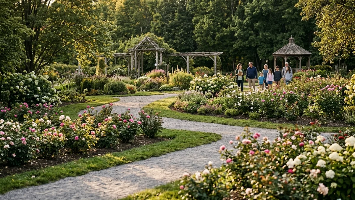 A small mixed family walks along a curving garden path among flowers and trees, with adults and children moving together in a calm outdoor conversation.