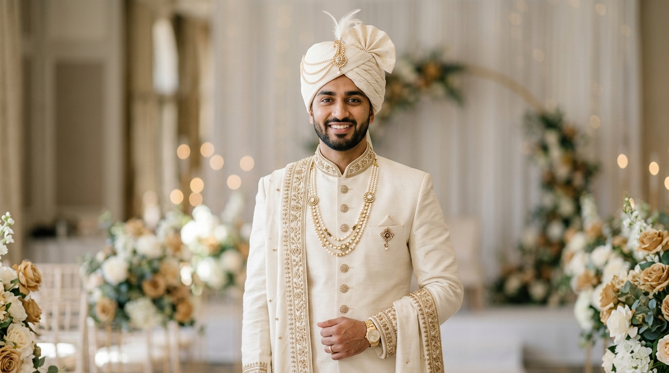 A man in a light sherwani standing alone in a doorway.