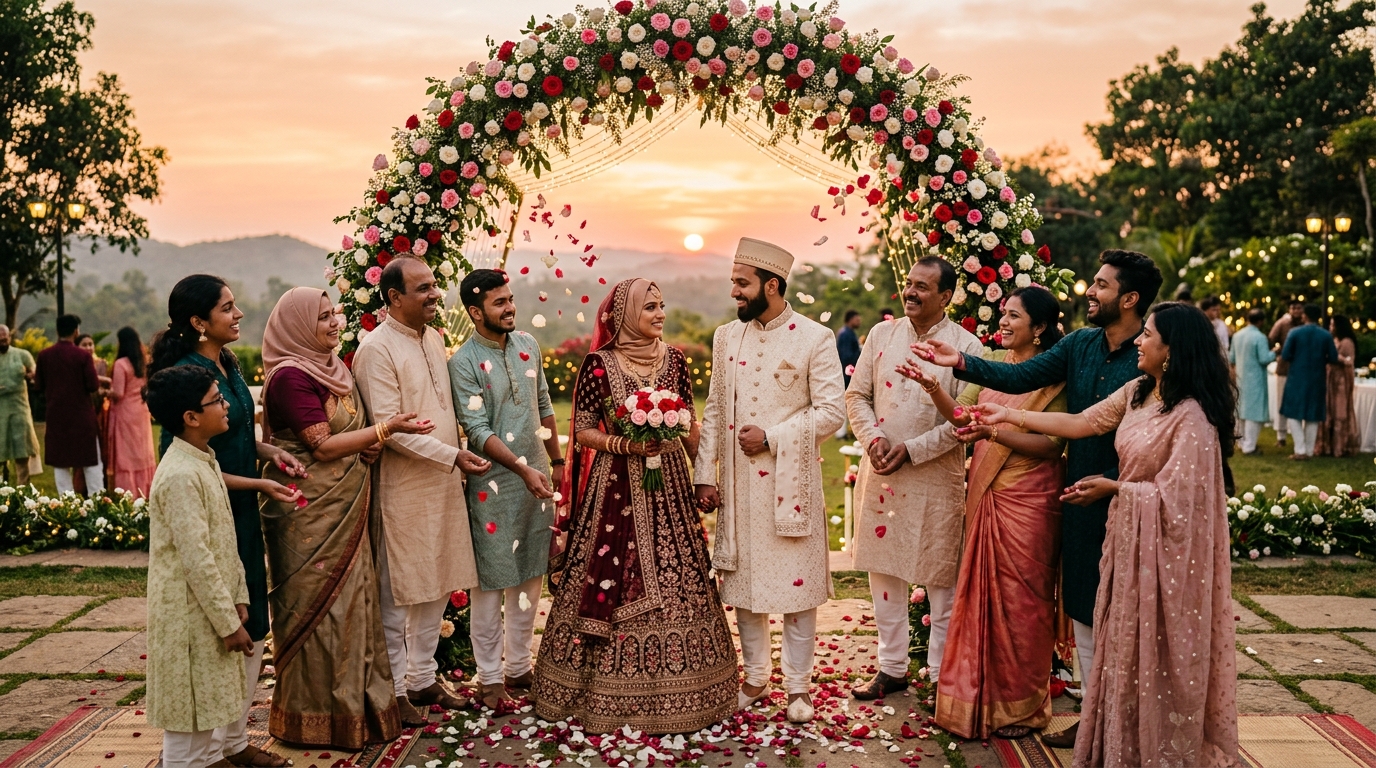 A couple standing beneath a floral arch, turned slightly away from each other.